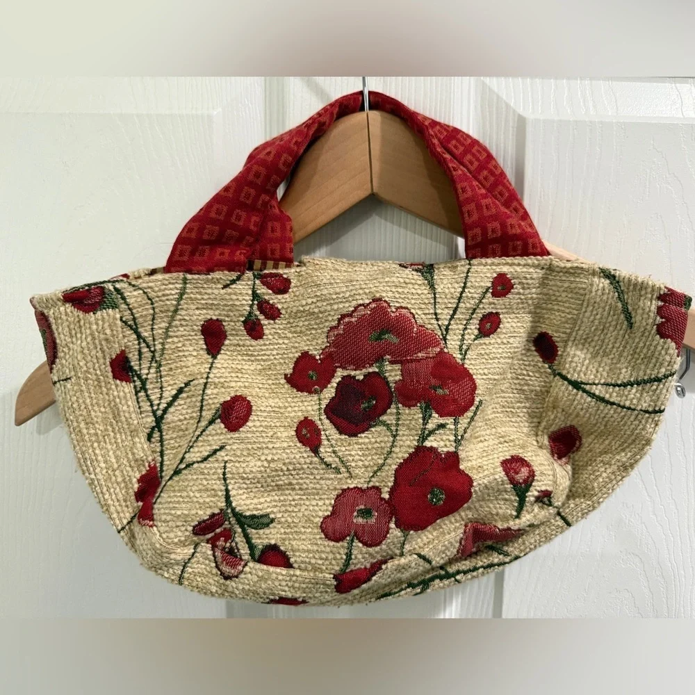Floral Red Cream Tapestry Handmade Small Women's Bag cottage prarie